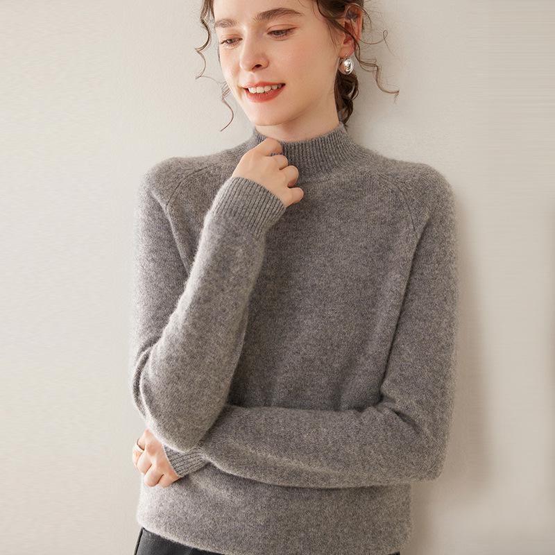 Women's 100% Pure Cashmere Soft Knit Sweater, Half-High Neck, Loose, Skin-Friendly, Slimming Base Layer