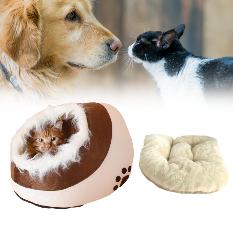 Bed Cat Cave Warm Pet Nest Dog House Semiclosed Sleep Brown Washable Soft