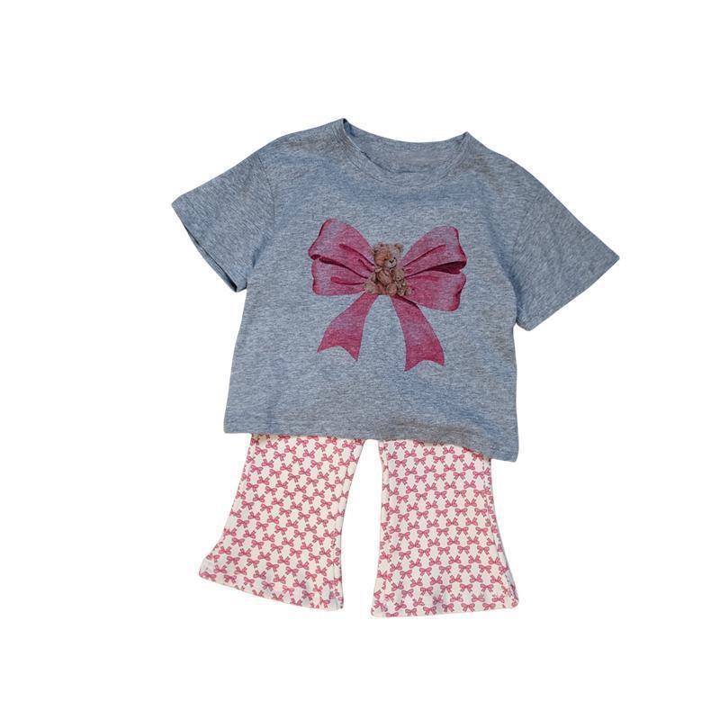 2024 Girls' Summer Bear Butterfly T-Shirt & Flared Pants Set