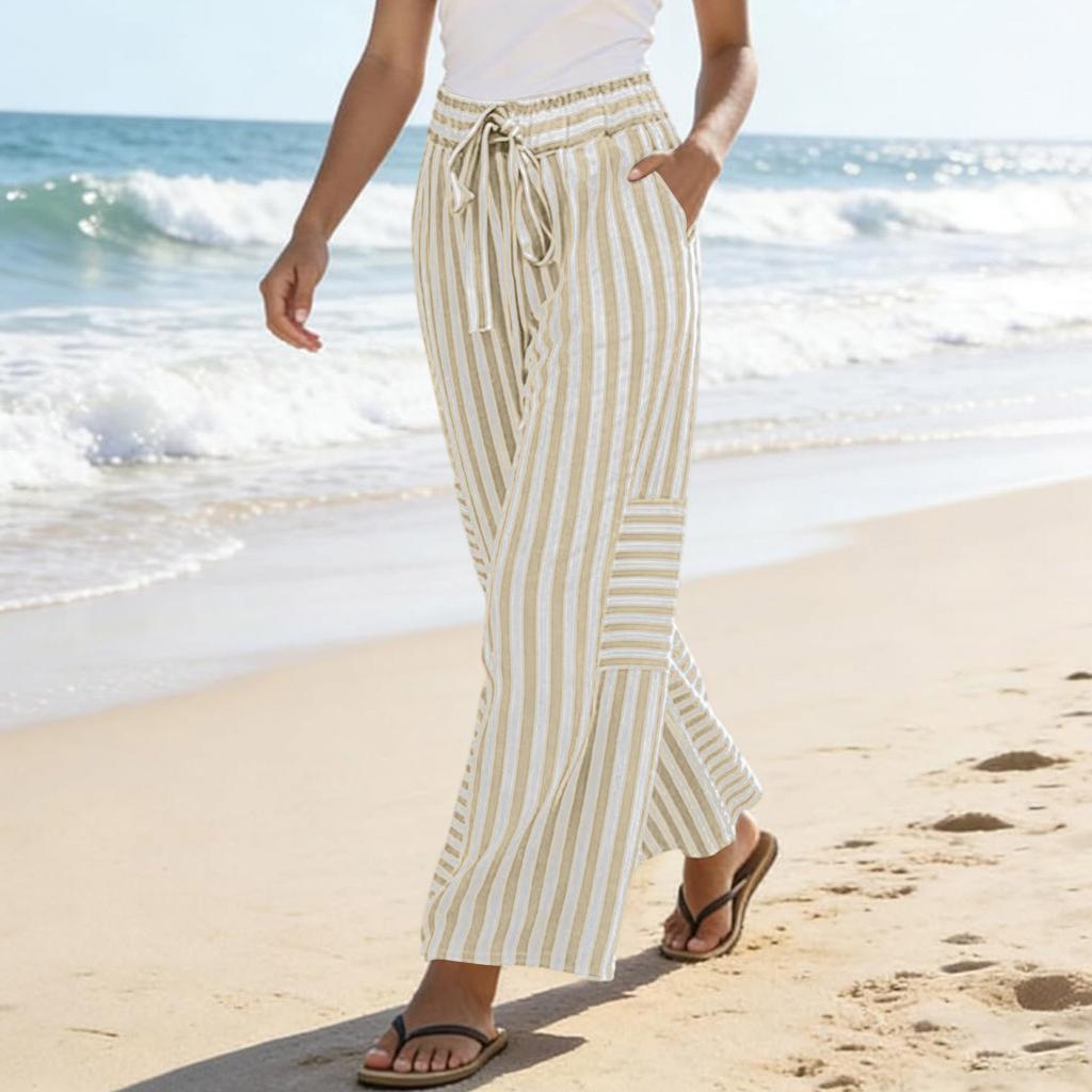 Women’s High Waist Wide Leg Striped Pants with Adjustable Drawstring Waistband and Relaxed Fit for Casual Wear