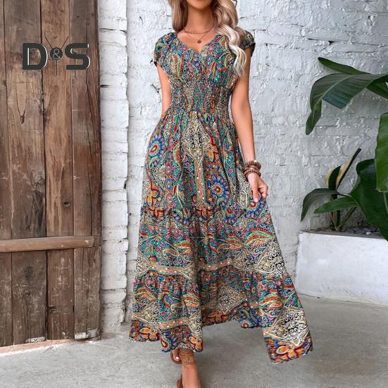 Letnia sukienka maxi z głębokim dekoltem V, krótkim rękawem, w stylu bohemy, z kolorowym nadrukiem, elastyczną wysoką talią, falbankowym szwem na dole, w kształcie litery A, sukienka plażowa