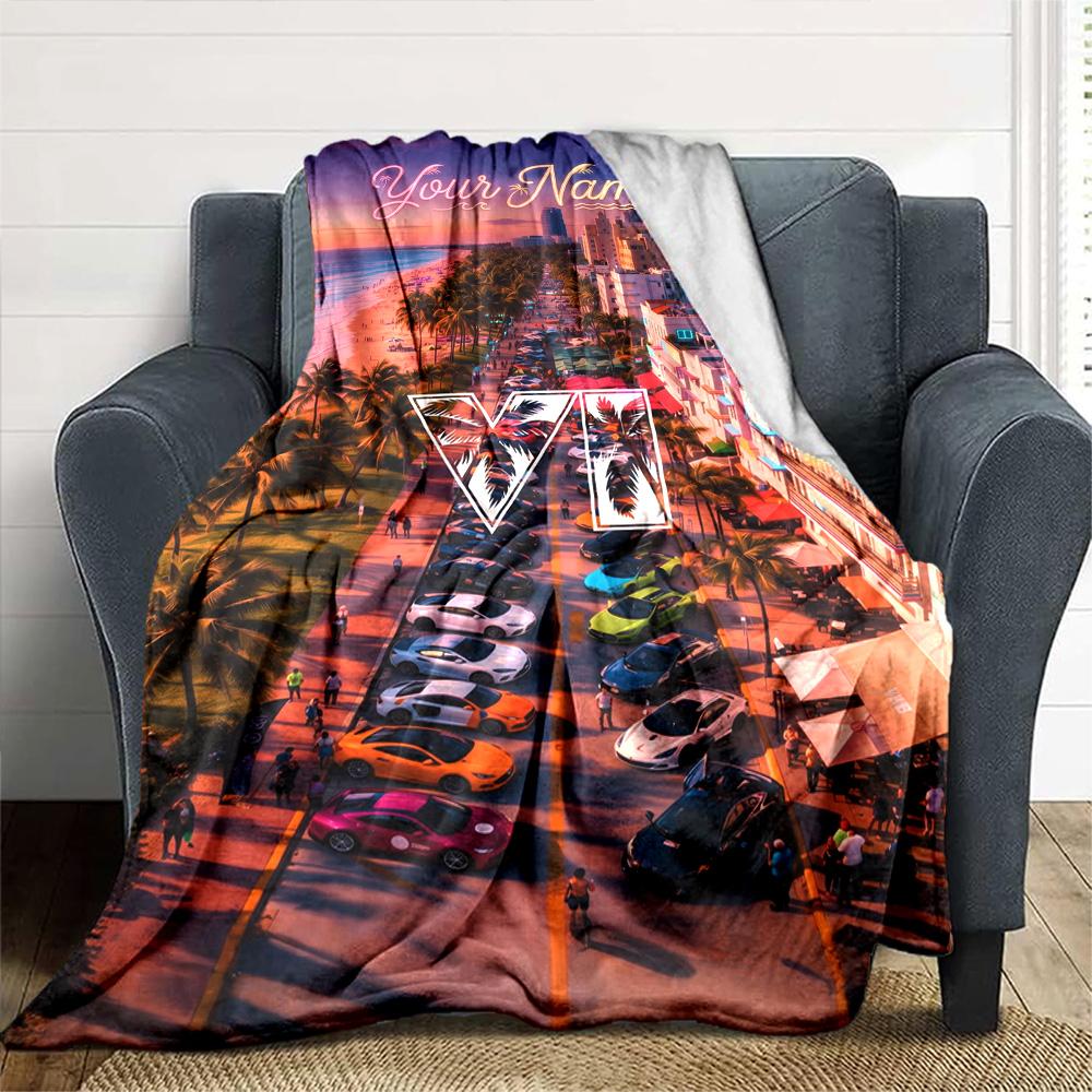 Gta Personalized Text Blanket Multi-purpose Customizable Blanket Warmthful Decor for Office Chair Bedding Livingroom Seaside Ideal for All Seasons