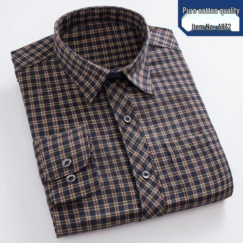 Men's Loose-Fit Plaid Cotton Shirt - Spring/Autumn Breathable, Iron-Free, Mid-Age Casual Wear