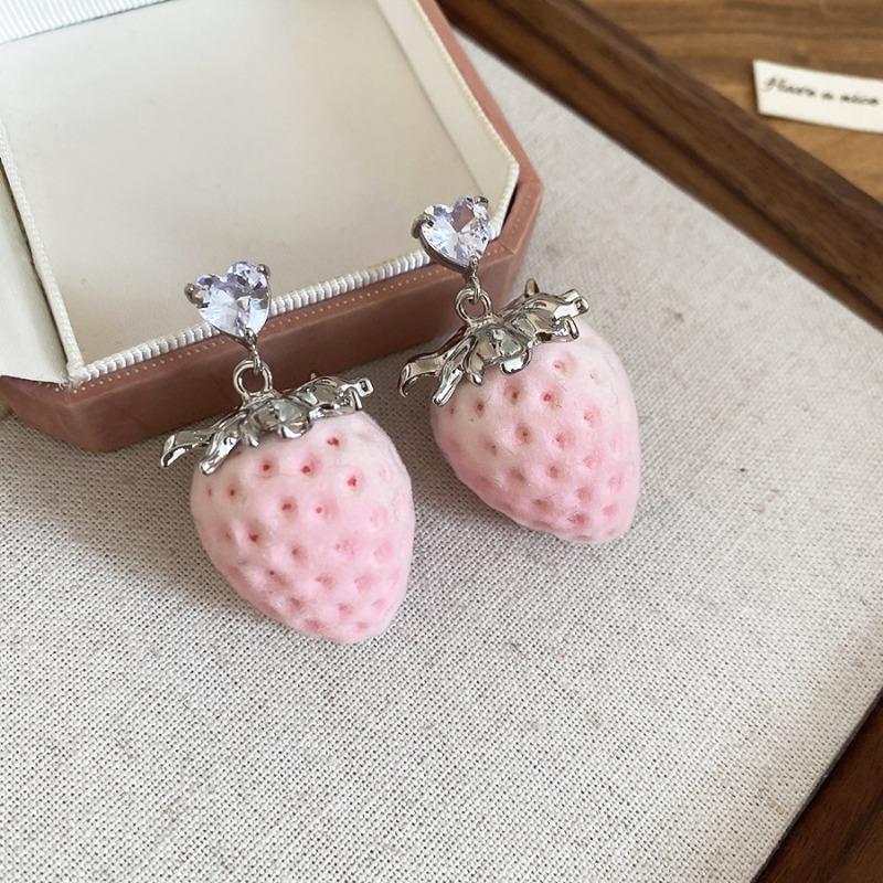 Mary Stainless steel zircon flocked strawberry earrings necklace sweetniche styleelegance jewelry suit