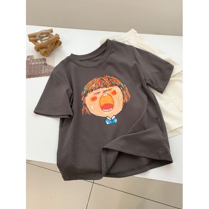 Summer Pure Cotton T Shirts Women's O-neck Short-sleeve Funny Cartoon T-shirt Casual Elastic Skinny Y2k Crop Tops Women Clothes