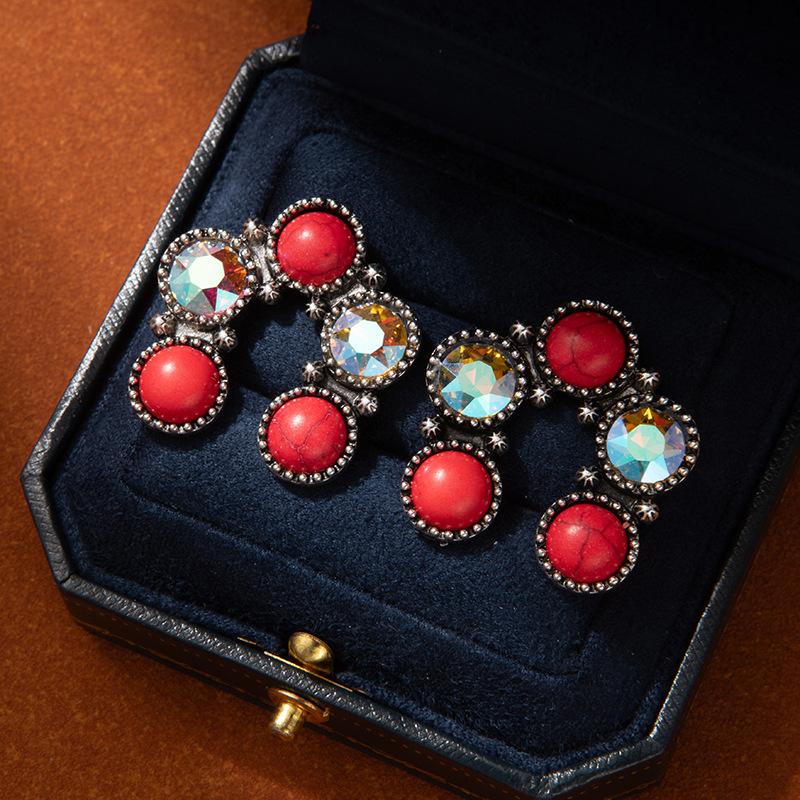 

Diamond Colorful Flower Turquoise Earrings High Sense Retro Ethnic Style Earrings Bohemian Style Earrings Women