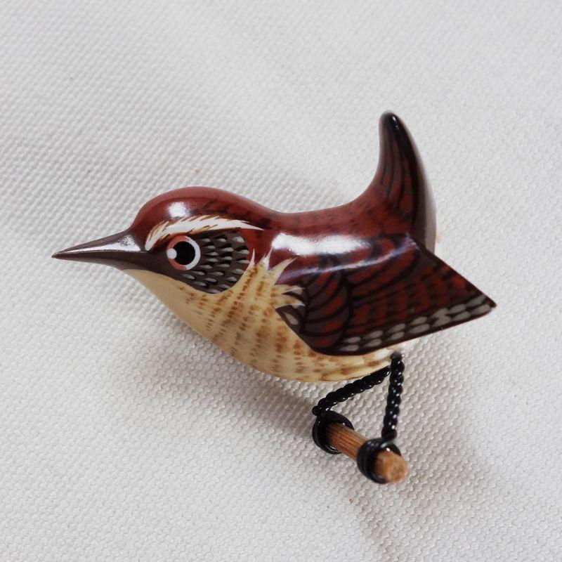 Used Carved wooden bird brooch, wren, lovebird, craft