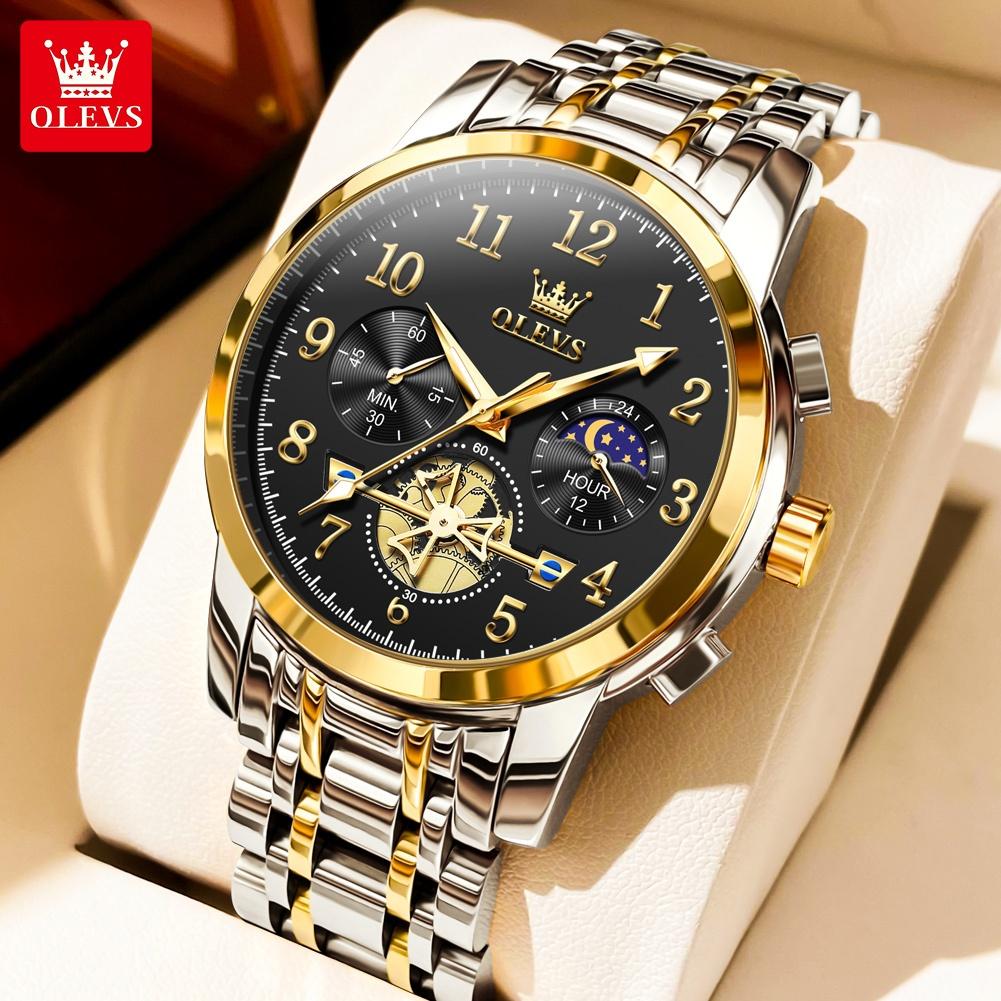 OLEVS Fashion Business Mens Wristwatches Gold Clock Male Stainless Steel Waterproof Calendar Quartz Watches