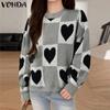 VONDA Women Autumn Round Neck Long Sleeve Plaid Heart Print Pullover Sweaters