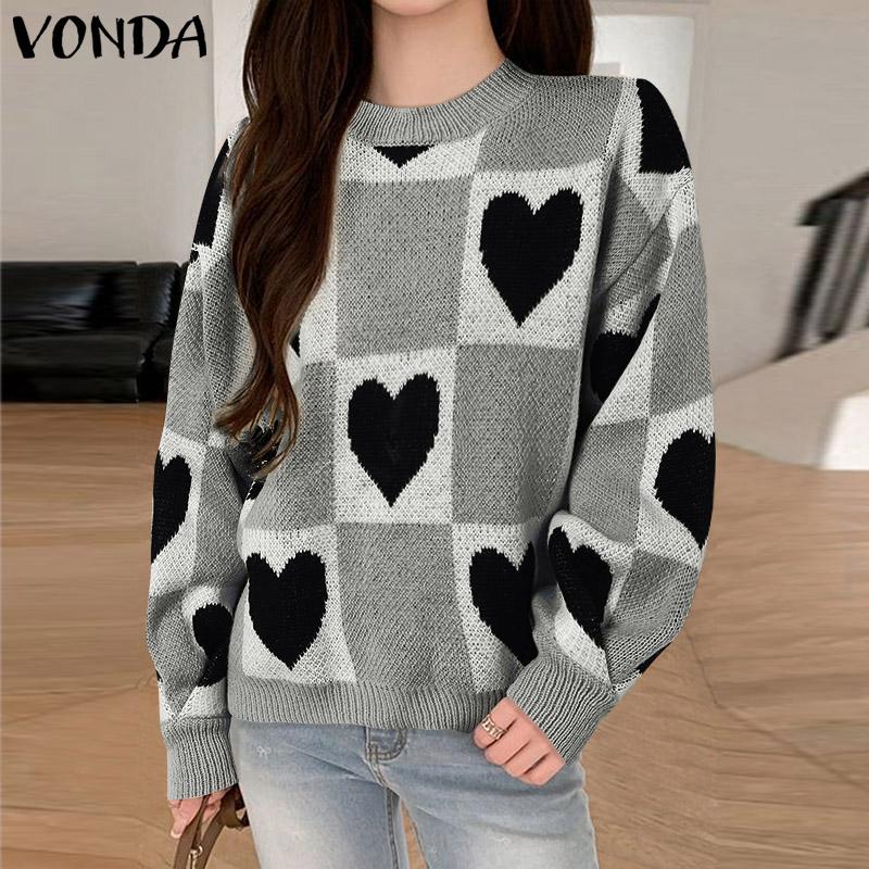 VONDA Women Autumn Round Neck Long Sleeve Plaid Heart Print Pullover Sweaters