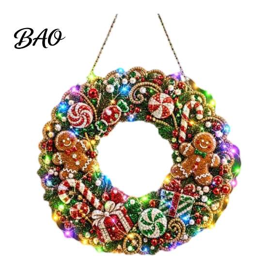Seasonal Holiday Crafting Set Christmas Diamond Painting Wreath Kit with LED String Lights, Snowman Pearl Art Shiny Acrylic Craft for Adults,