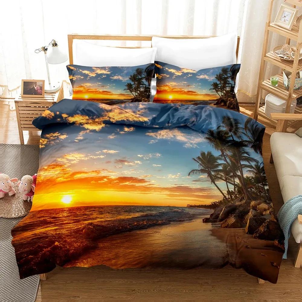 Goldon Sunset Tropical Beach Holiday Comfortable Duvet Cover Pillowcase Bedding Set Children Bedroom Decoration Home Textile