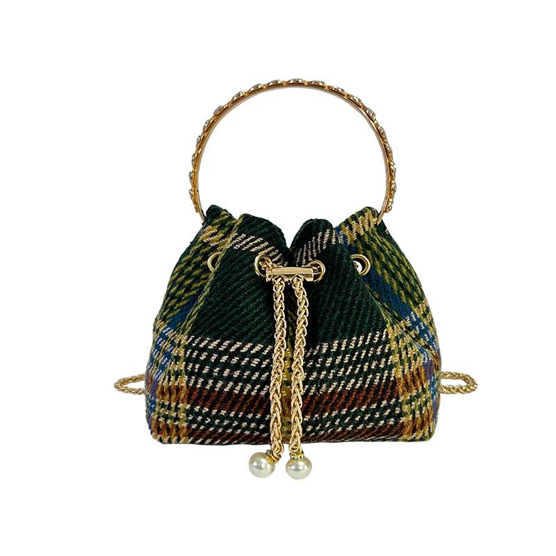 Damen-Umhängetasche mit Kette, neue Retro-Karo-Wolle, einzelne Schultertasche aus Cord
