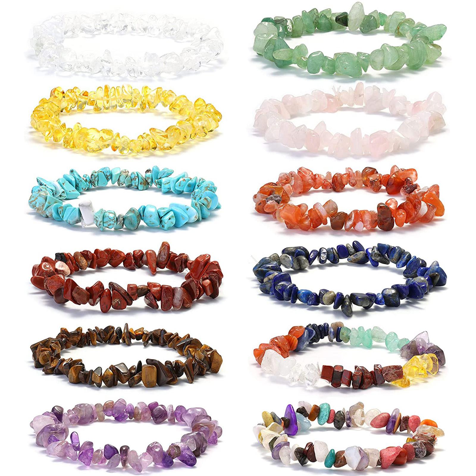 12 Pcs Natural Gemstone Chakra Bracelets For Women Crystal Chip Gemstone Stretch Bracelets Tumble Polished One Size