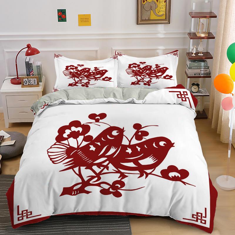 Chinese Culture Style King Queen Duvet Cover Festive Red Bird Dog Bedding Set New Year Comforter Cover Polyester Quilt Cover