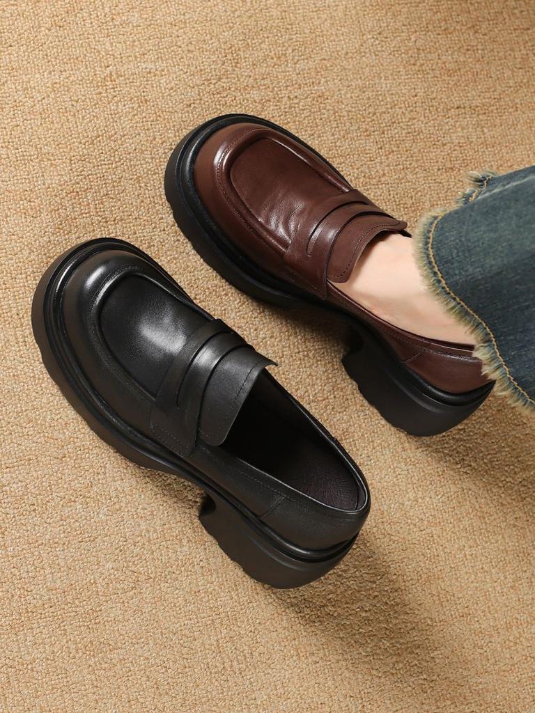 Coarse heel platform loafers women's 2025 early autumn new versatile deep mouth height increase lightweight brown one-pedal small leather shoes