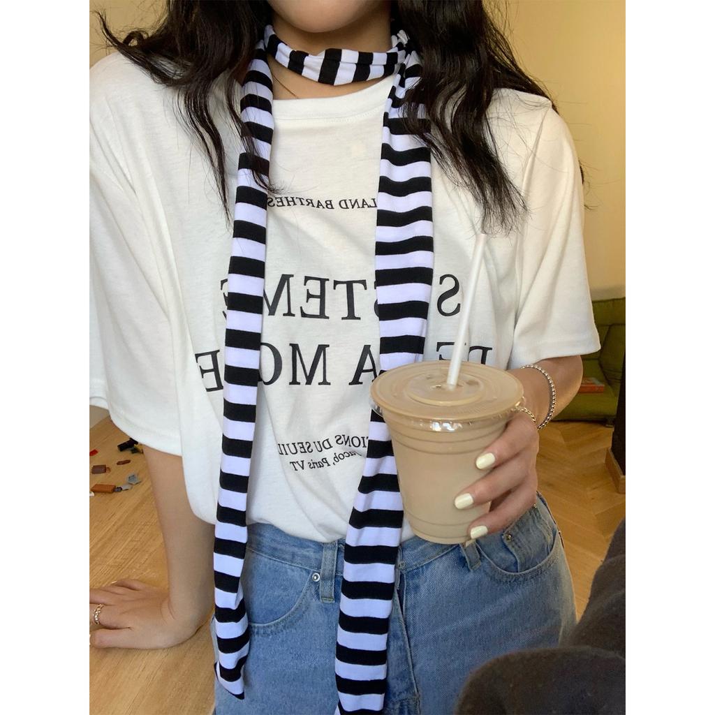 Women Spring Summer Stripe Pattern Scarf Thin Neckerchief Y2k Style Colorful Thin Knitted Neck Guard Lightweight