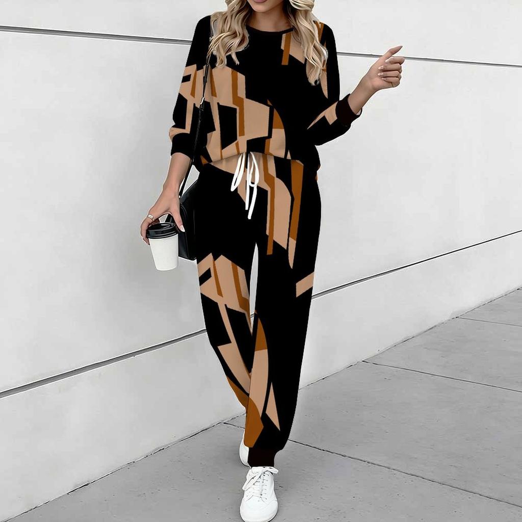 Women Floral Print Two Piece Outfit, Long Sleeve Crew Neck Top & Drawstring Jogger Pants Casual Tracksuit for Spring Autumn