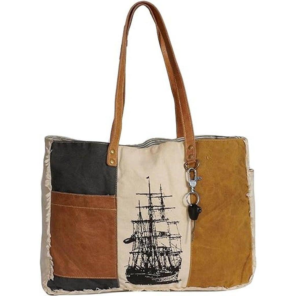 Sel De Mer Large Shoulder Bag and Cowhide Tote Upcycled Canvas & Cowhide Leather Handbag Bag for Women