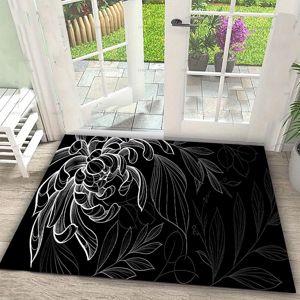 Blumen-Skizzen-Teppichmatte - Schwarz Weiß Rose Lilie Gänseblümchen Blume Linienkunst Minimalistisch Modern Dekorative Wohnkultur Teppich Schlafzimmer