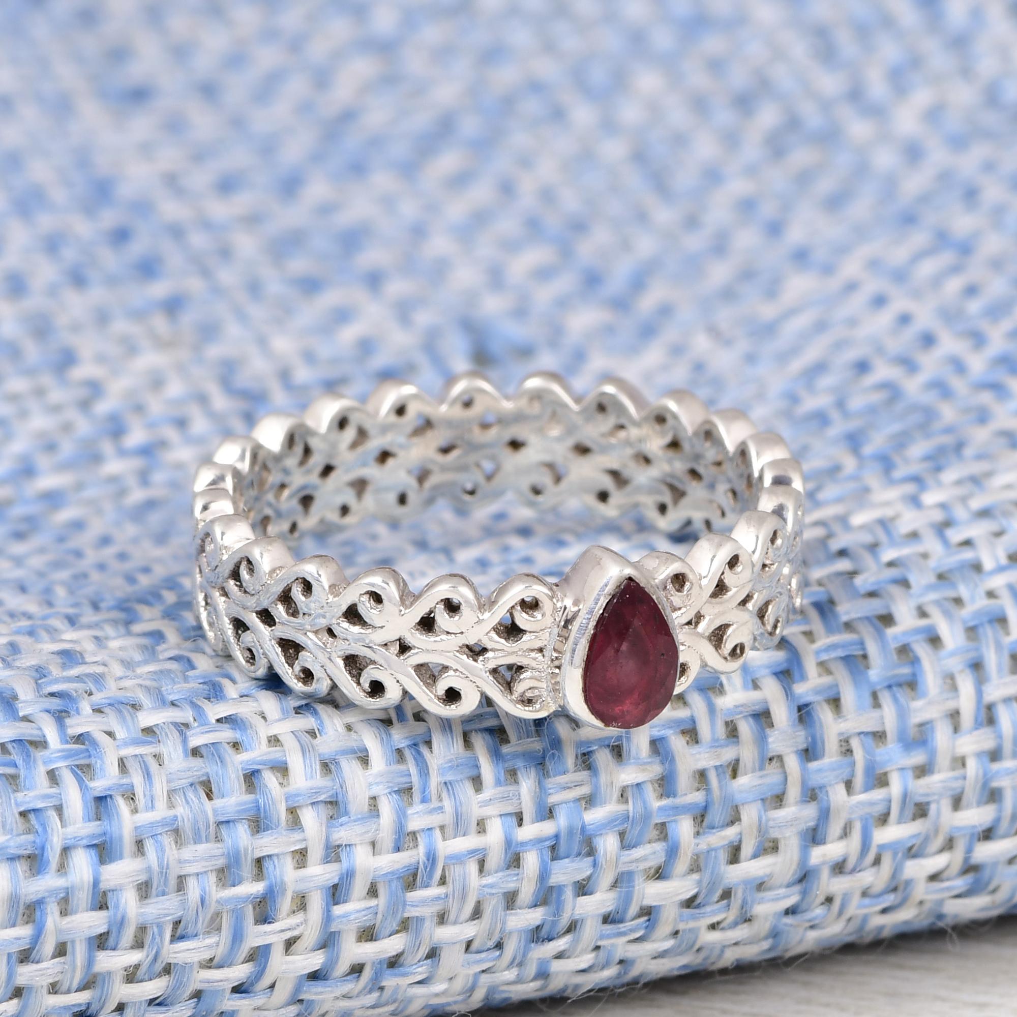 Natural Garnet Teardrop Ring | Handmade Silver Filigree Band | Minimalist Stackable Ring | January Birthstone Jewelry RAJR4038SLGA-SS_5