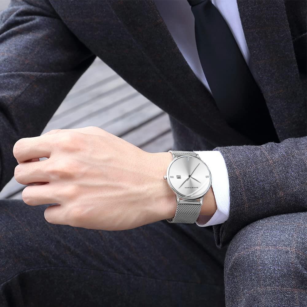 Men Rhinestone Watch Fashionable Luxury Business Style 40mm Simple Dial Stainless Steel Mesh Belt Japanese Quartz Movement Watch
