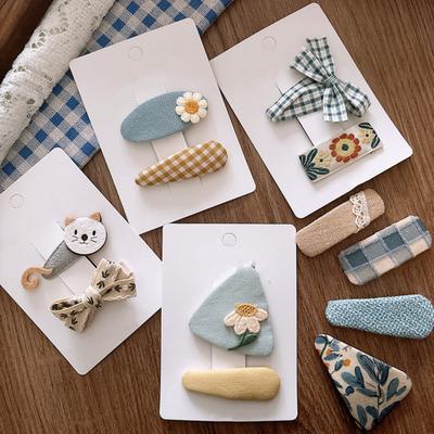 2Pcs Girl Hairpin Cat Flower Plaid Design Wrapped In Fabric Hair Clips Embroidery Fabric Splicing Hair Pins Spring Summer Hair Accessories