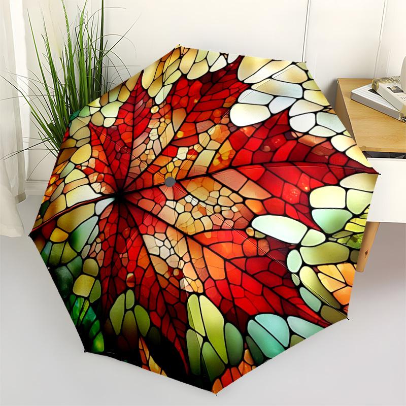 1pc Stained Glass Leaf Automatic Folding Umbrella - 8-Rib Compact Travel Umbrella Durable & Portable for Outdoor Use, Perfect Gift for Birthdays162