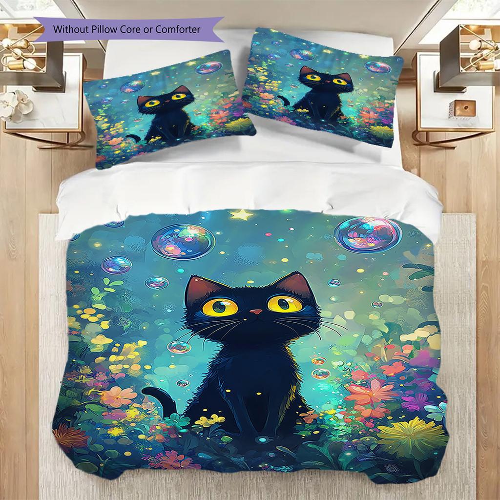 Black Cat Pattern Bedding Quilt Set Quilt Cover Pillowcase Home Decoration Birthday Gift (1 * Duvet Cover + 2 * Pillowcase, Without Core)
