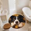 Runder Teppich mit Muster von Border Collie und frischen Blumen, Teppich für Wohnzimmer, Schlafzimmer, Spielzimmer, rutschfeste Fußmatte, Feiertagsgeschenke und Geburtstagsgeschenke.