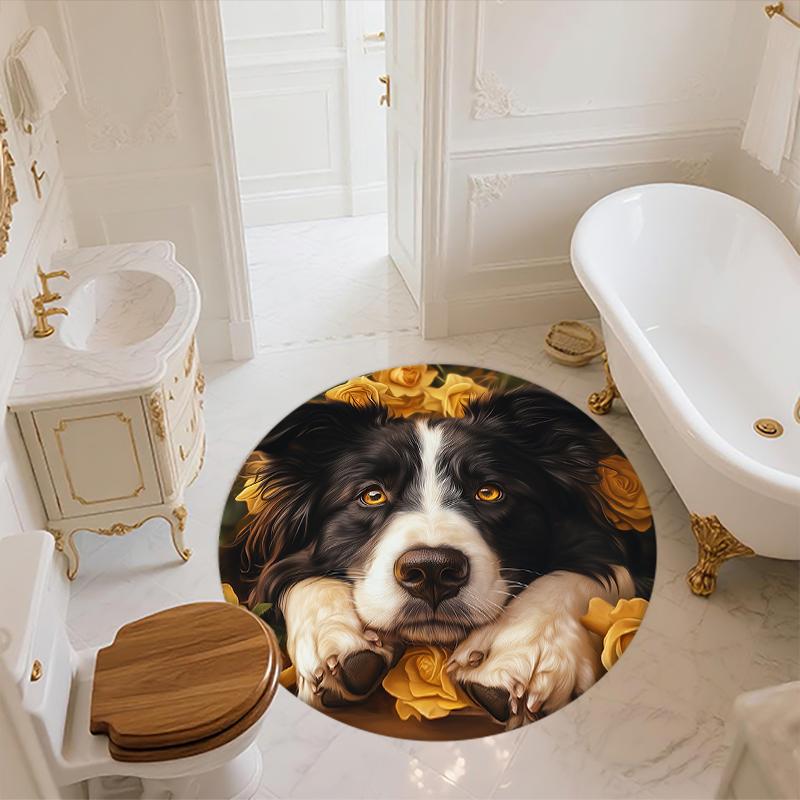 Runder Teppich mit Muster von Border Collie und frischen Blumen, Teppich für Wohnzimmer, Schlafzimmer, Spielzimmer, rutschfeste Fußmatte, Feiertagsgeschenke und Geburtstagsgeschenke.