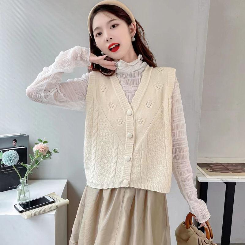 Women's Autumn and Winter Sleeveless Cardigan Fashionable Twist Stitch V-Neck Short Knitted Vest Versatile Sweater Gilet