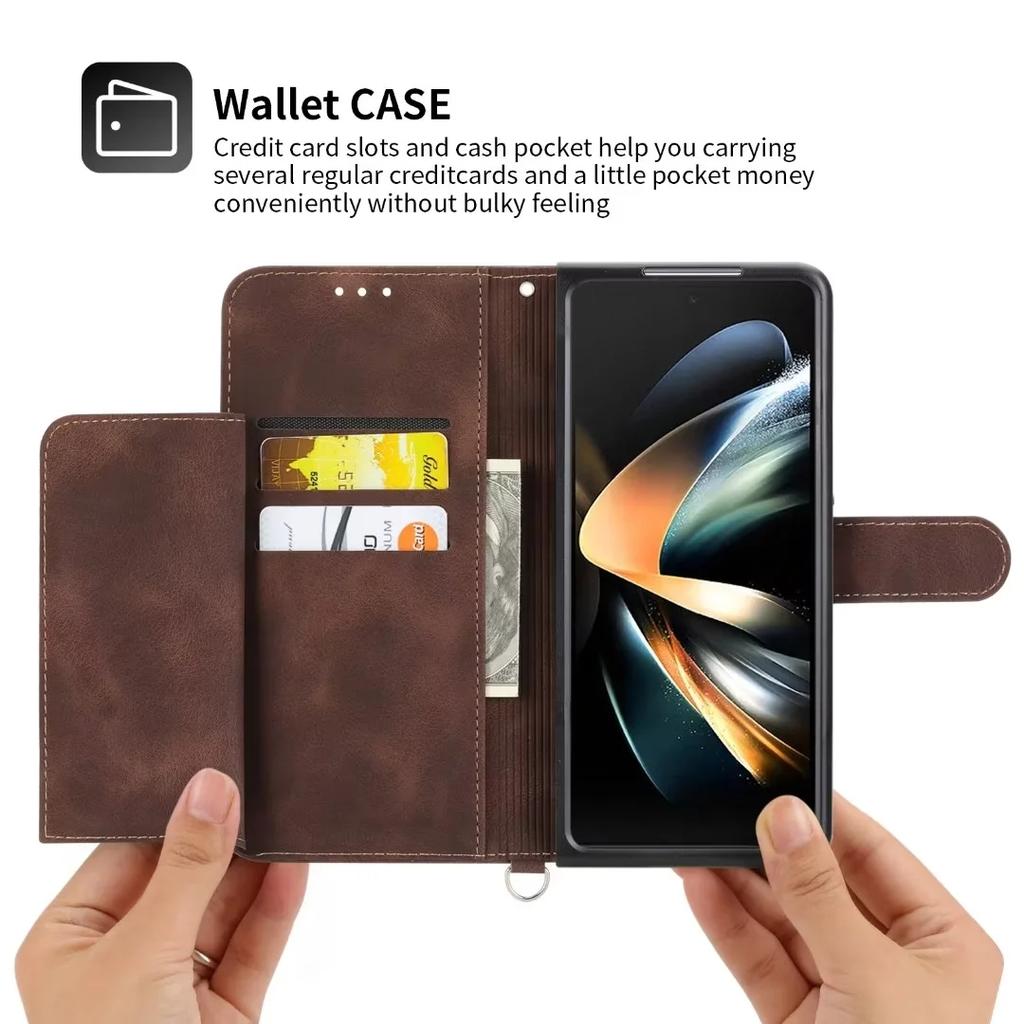 Lanyard Hinge Leather Wallet Case for Samsung Galaxy Z Fold 7 6 5 4 3 Fold7 Fold6 5G Card Holder Crossbody Phone Cover