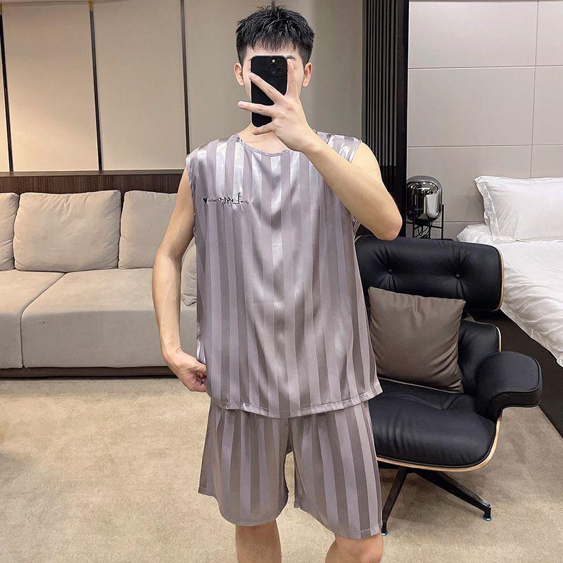 Summer Pajamas Men's Ice Silk Thin Vest Shorts Men's Loungewear Set Large Size Sleeveless Comfortable Casual Loungewear