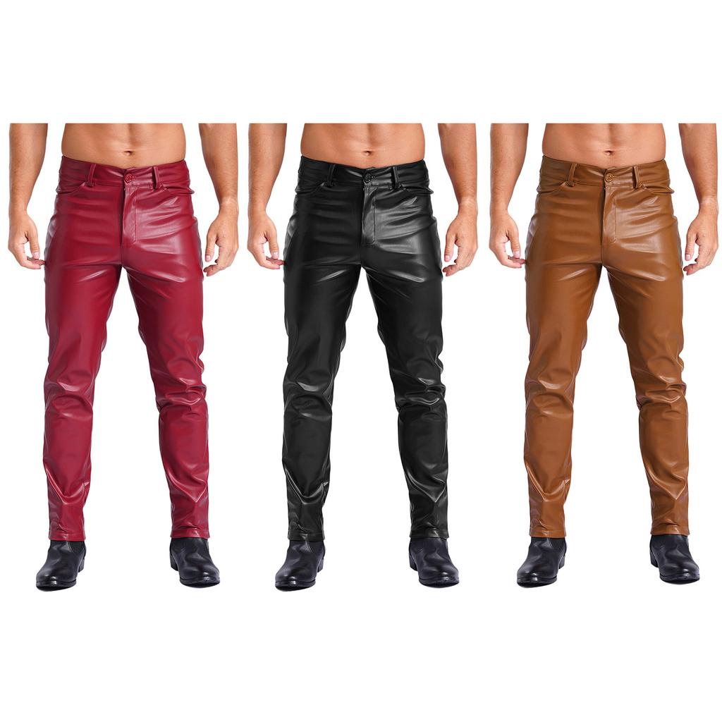 Mens Faux Leather Straight Leg Pants Smooth Lining Tights Leggings Music Festival Daily Outfit