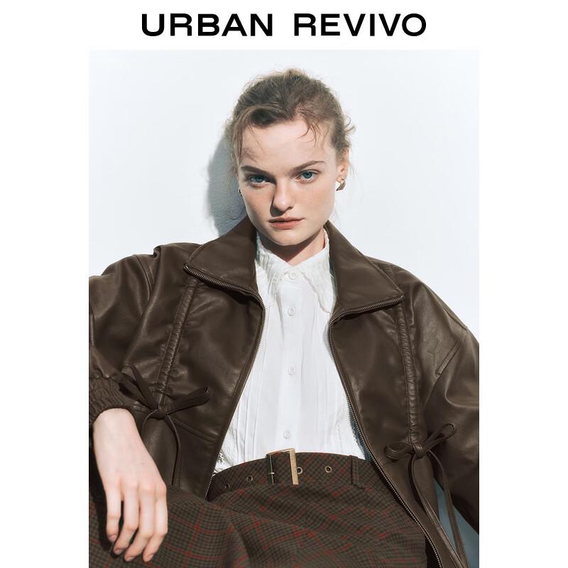 UR Women's 2025 Autumn Bowknot Pleated PU Leather Jacket