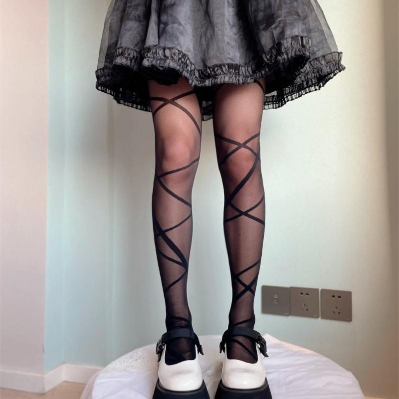 Women Irregular Crossed Strappy Jacquard Silky Tights Stockings Japanese Style JK Princess See Through Pantyhose Legging