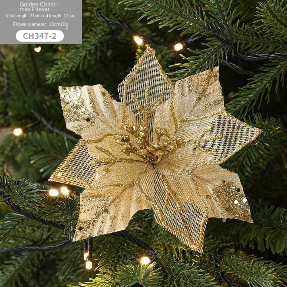 18cm Poinsettia Glitter Flower DIY Fake Flowers Christmas Flowers Large Hanging Ornaments Xmas Tree Decorations