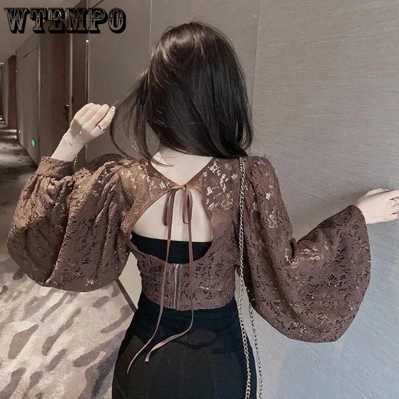 Jarní Černé Bílé Krajkové Halenky Dámské Elegantní Výstřih do V Dlouhý Bufetový Rukáv Otevřená Záda Krátké Topy Dámské Párty Slim Košile