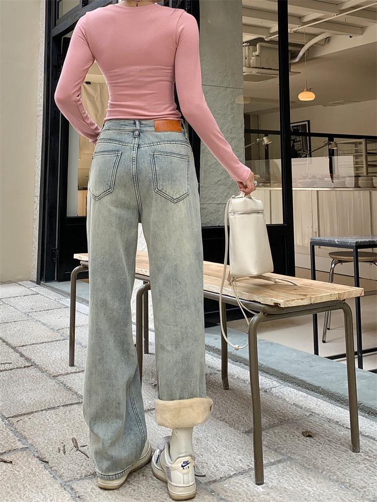 Women's Autumn & Winter High-Waisted Vintage Distressed Wide-Leg Jeans, Yellow-Mud Color, Plus Velvet Thickening, Loose & Warm Long Pants.
