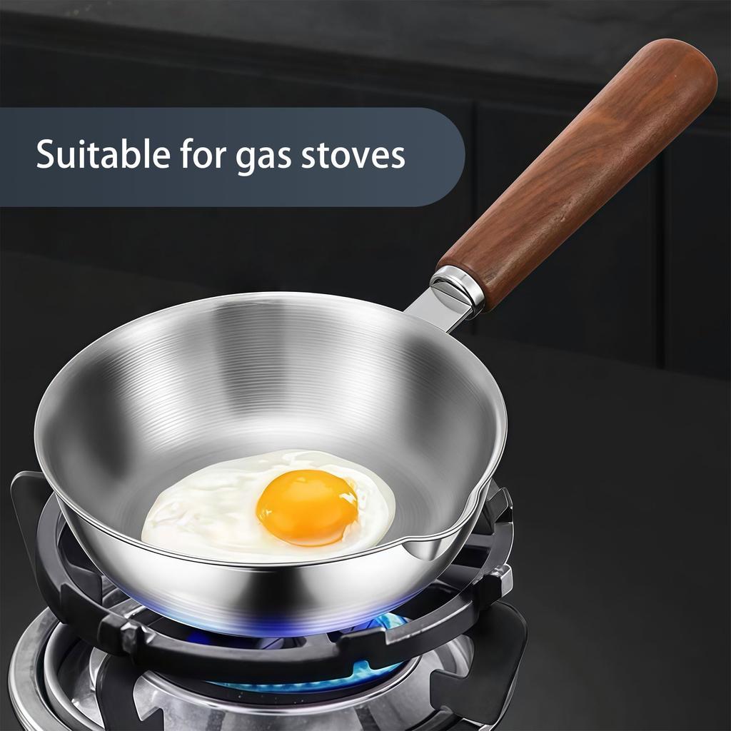 IMEEA Mini Frying Pan 15cm SUS304 Stainless Steel IH Compatible with Spout and Wooden Handle Perfect for Single Serving or Lunch Boxes (Walnut) -