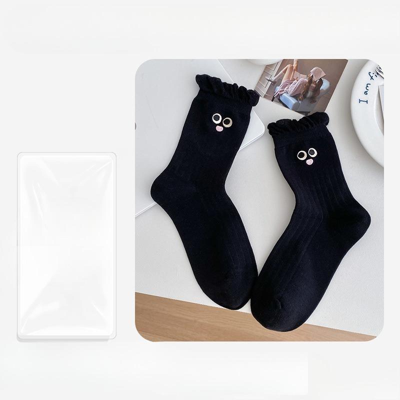 Female Autumn and Winter Pure Color Lovely Playful Big Eyes Embroidery Lace Boneless In Tube Socks