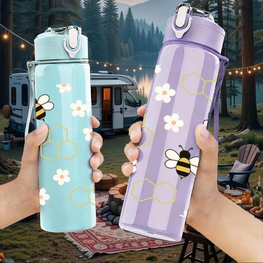 1PC Bee Honeycomb Repeat Pattern 750ml Color Plastic Sports Water Bottle Leakproof Flip Straw Lid Suitable for Sports Office Home Use