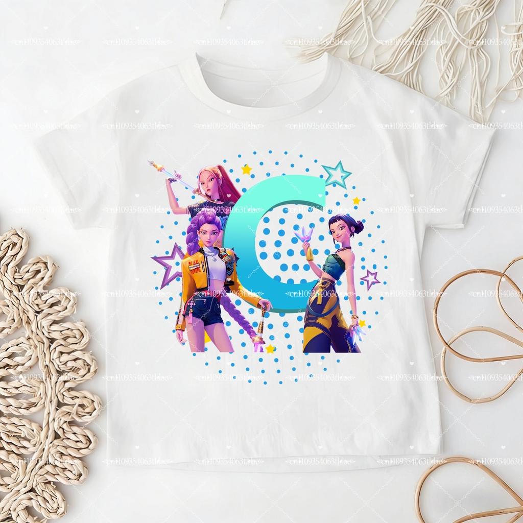 K-pop Demon Hunter Children's Cotton T-shirt for Girls - Sports Shirt - 2026 New Summer Short-Sleeved Casual Top - A-Z Letters