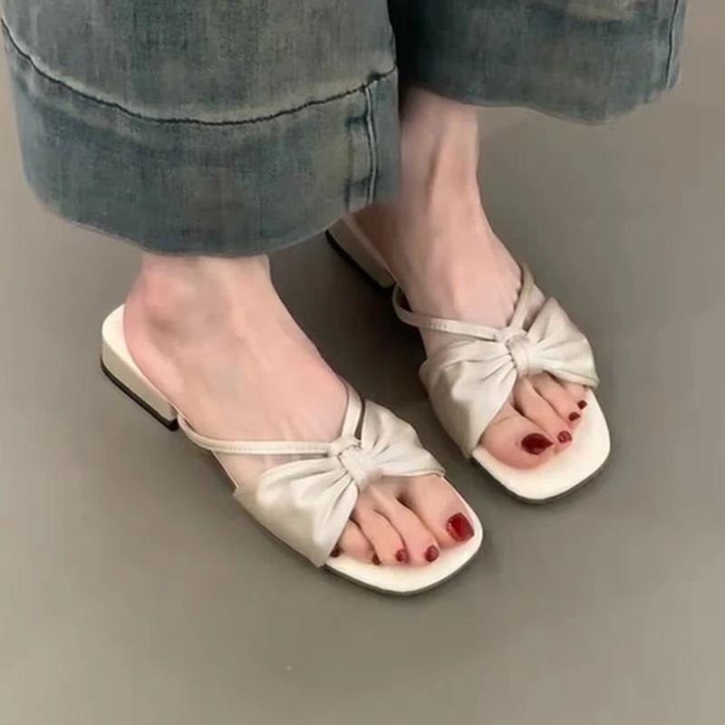 Fashion Flats Bow Women Slippers Summer Designer Shoes Elegant Woman Sandals Walking 2025 Casual Flip Flops Beach Slides Mujer Zapatos