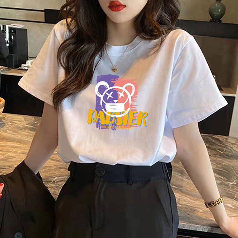 Women Cute Pink Bear Graphic T Shirt Casual Cotton O Neck Short Sleeve Loose Summer Tee Daily Basic Tops