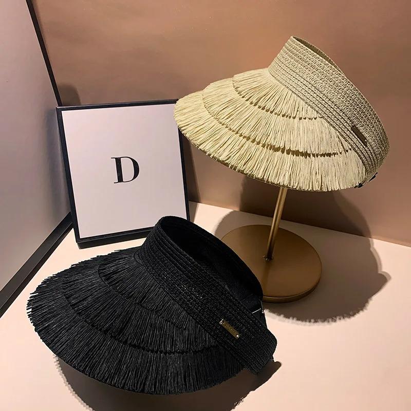 Designer Fashion Brand Sun Fringe Straw Hat Women'S Summer Empty Top Sun Hat Outdoor Parma Uv Protection Beach Sun Hat