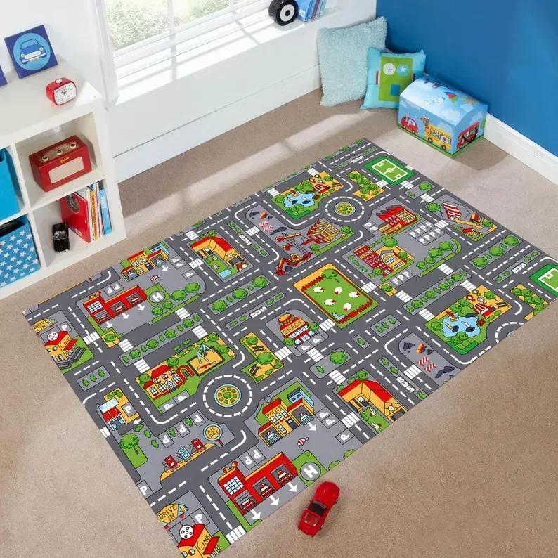 Washable City Road Play Rug Kids Playroom Home Decor Non-Slip Carpet Home Decoration