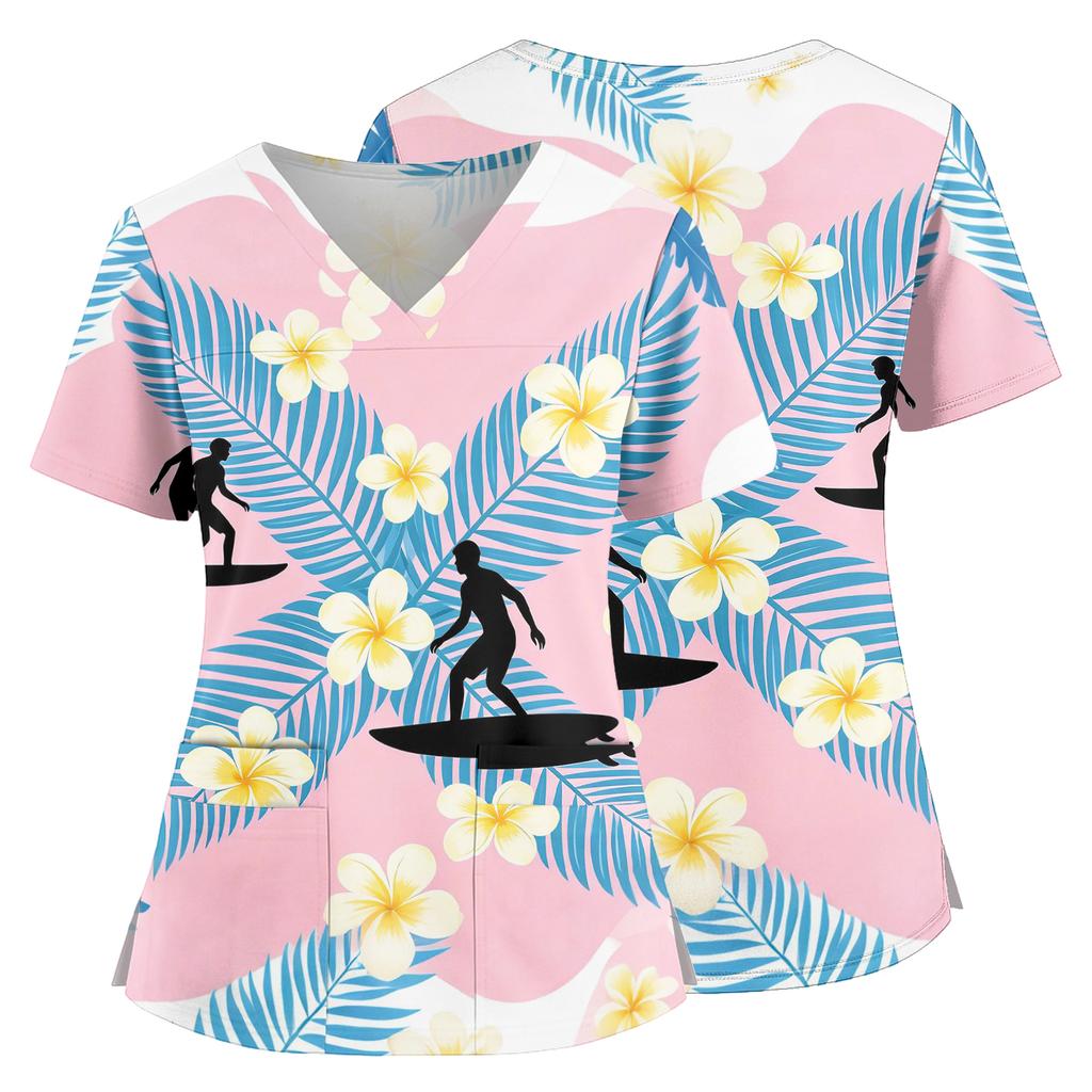 Women's V Neck Medical Scrub Top Hawaiian Print Short Sleeve Side Slit Pockets Nurse Uniform Shirt Lightweight Breathable Fabric
