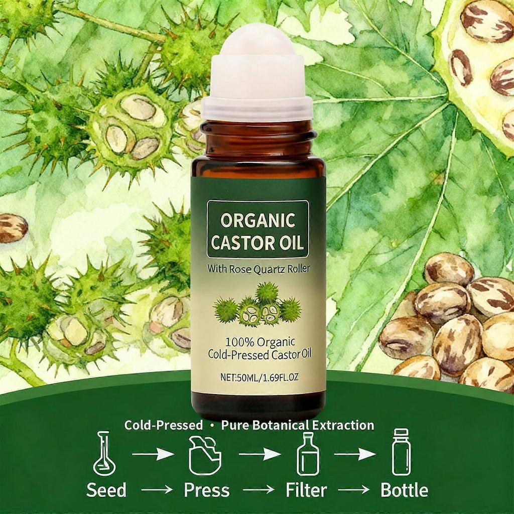 100% Organic Cold-Pressed Castor Oil Roll-On, with Rose Quartz Roller for Hair, Lash & Brow Growth, 50ml